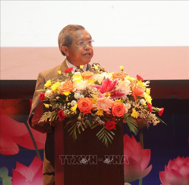 Đồng chí Boviengkham Vongdara, Bộ trưởng Bộ Công nghệ và Truyền thông Lào, Chủ tịch Hội Hữu nghị Lào – Việt Nam phát biểu tại buổi lễ. Ảnh: Nguyên Lý-TTXVN