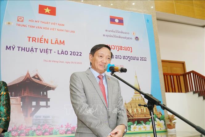 Trong ảnh: Đại sứ Việt Nam tại Lào Nguyễn Bá Hùng phát biểu. Ảnh: Đỗ Bá Thành - PV TTXVN tại Lào