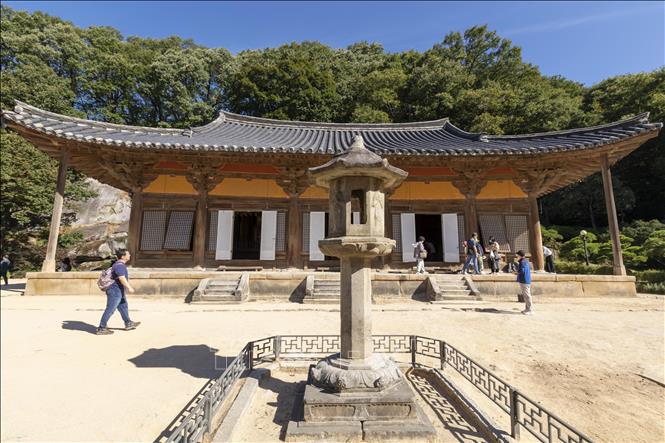 Muryangsujeon (Bảo vật quốc gia số 18) tòa nhà bằng gỗ lâu đời nhất còn sót lại ở Hàn Quốc và Đèn lồng đá (Kho báu quốc gia số 17) trong khuôn viên Chùa Buseol. Ảnh: Anh Nguyên, PV TTXVN tại Hàn Quốc. 