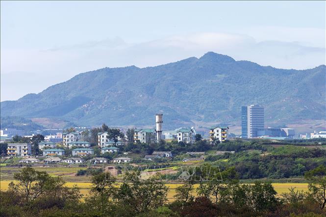 Trong ảnh: Các tòa nhà ở khu vực giáp biên giới của Triều Tiên được xây dựng rất kiên cố. Ảnh: Anh Nguyên - PV TTXVN tại Hàn Quốc