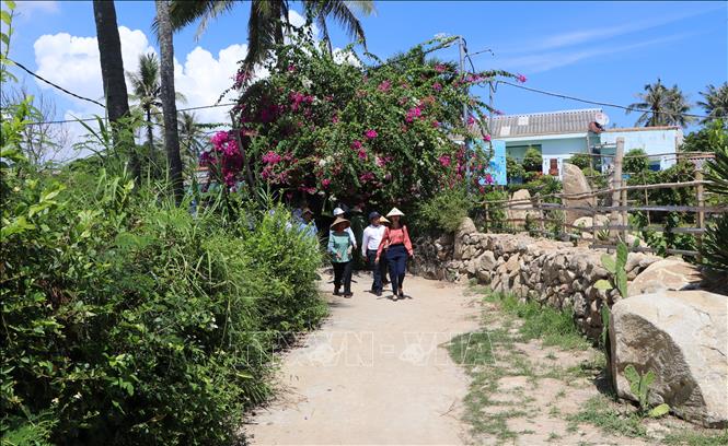 Trong ảnh: Những bờ tường được xây bằng đá và cây xanh được trồng dọc các con đường trong làng Gò Cỏ. Ảnh: Đinh Hương – TTXVN