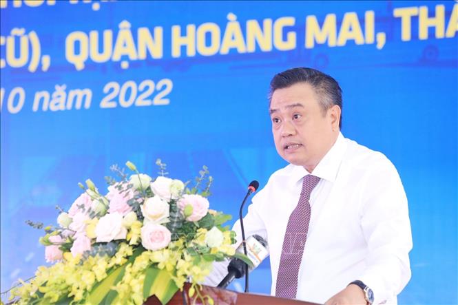 Trong ảnh: Chủ tịch UBND Thành phố Hà Nội Trần Sỹ Thanh phát biểu tại lễ khởi công dự án. Ảnh: Tuấn Anh - TTXVN