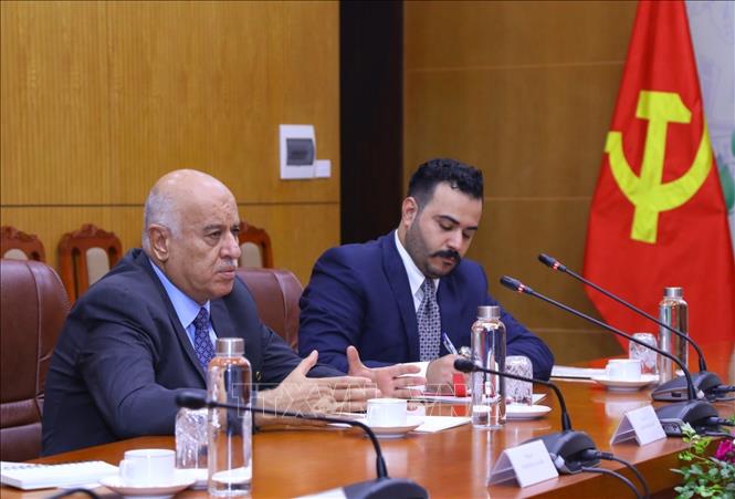 Thường trực Ban Bí thư Đảng Phong trào Giải phóng Dân tộc Palestine Jibril Alrjoub phát biểu. Ảnh: Văn Điệp - TTXVN