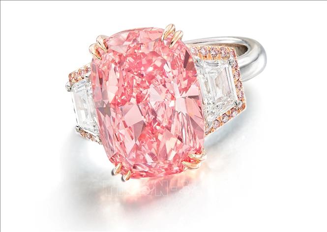 Trong ảnh: Viên kim cương hồng Williamson Pink Star được trưng bày tại nhà đấu giá Sotheby's. Ảnh: AFP/ TTXVN