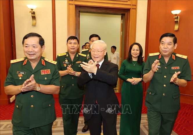 Tổng Bí thư Nguyễn Phú Trọng, Bí thư Quân ủy Trung ương đến dự buổi gặp mặt đại biểu Đại hội Đoàn Thanh niên Cộng sản Hồ Chí Minh Quân đội. Ảnh: Trí Dũng –TTXVN