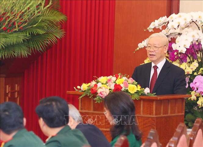 Tổng Bí thư Nguyễn Phú Trọng phát biểu chỉ đạo tại buổi gặp mặt. Ảnh: Trọng Đức –TTXVN
