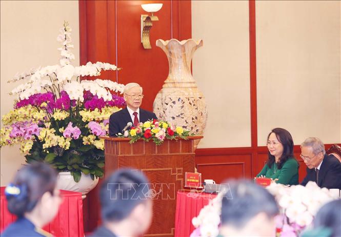 Tổng Bí thư Nguyễn Phú Trọng phát biểu chỉ đạo tại buổi gặp mặt. Ảnh: Trọng Đức –TTXVN
