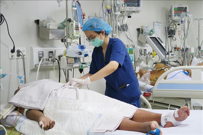 Trong ảnh: Nhân viên y tế của  Khoa Cấp cứu – Hồi sức tích cực – Chống độc người lớn, Bệnh viện Bệnh Nhiệt đới Thành phố Hồ Chí Minh chăm sóc cho bệnh nhân sốt xuất huyết nặng. Ảnh: Đinh Hằng - TTXVN