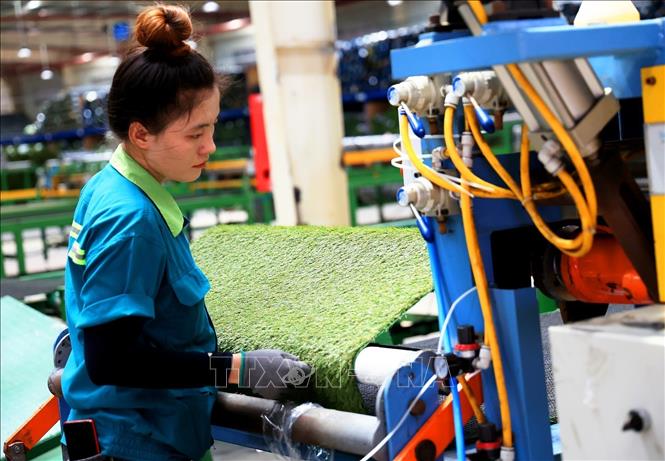 Công nhân làm việc trong một công ty sản xuất thảm cỏ nhân tạo ở Khu công nghiệp Phước Đông. Ảnh: Hồng Đạt - TTXVN
