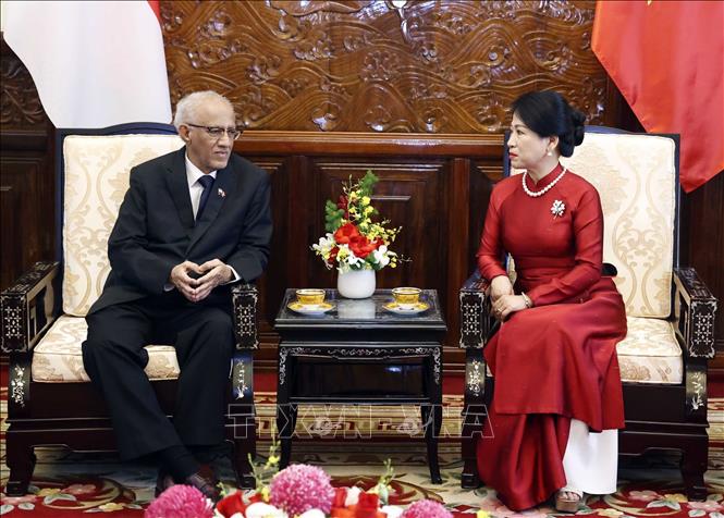 Bà Trần Thị Nguyệt Thu, Phu nhân Chủ tịch nước Nguyễn Xuân Phúc tiếp ông Mohamed Bin Abdullah Alhabshee, Phu quân Tổng thống Singapore Halimah Yacob tại lễ đón. Ảnh: Thống Nhất – TTXVN