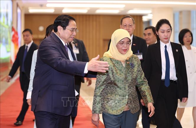 Prime Minister Pham Minh Chinh receives President of Singapore Halimah Yacob. VNA Photo: Dương Giang