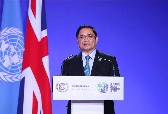 Thủ tướng Phạm Minh Chính phát biểu tại Hội nghị Thượng đỉnh khí hậu trong khuôn khổ Hội nghị lần thứ 26 các Bên tham gia Công ước khung của Liên hợp quốc về Biến đổi khí hậu (COP26) tổ chức tại Glasgow, Scotland (Vương Quốc Anh) . Ảnh: Dương Giang-TTXVN