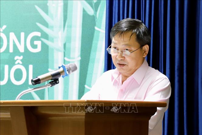 Giáo sư - Tiến sỹ Nguyễn Văn Phước, Chủ tịch Liên hiệp các Hội Khoa học và kỹ thuật Thành phố Hồ Chí Minh phát biểu tại Hội thảo. Ảnh: Hồng Giang - TTXVN.