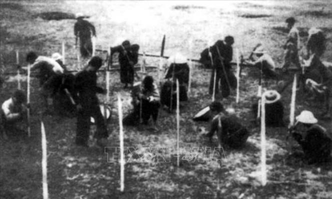 Nhân dân Phú Thọ cắm chông chống quân Pháp nhảy dù trong chiến dịch Việt Bắc - Thu Đông 1947. Ảnh: Tư liệu/TTXVN phát