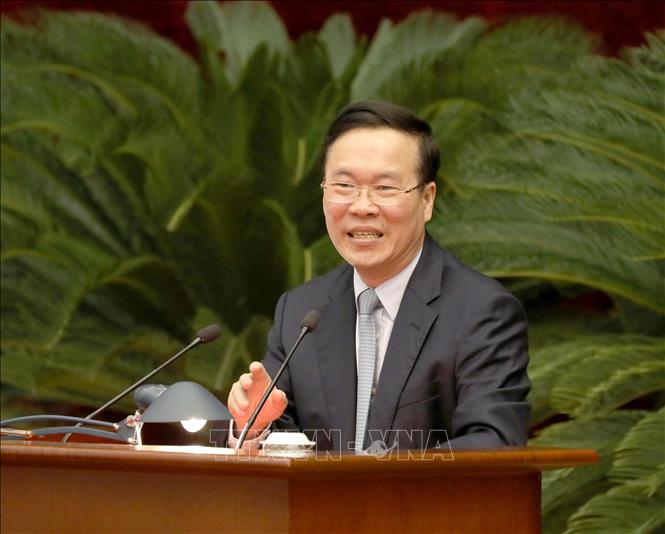 Đồng chí Võ Văn Thưởng, Uỷ viên Bộ Chính trị, Thường trực Ban Bí thư phát biểu tại hội nghị. Ảnh: Phương Hoa - TTXVN