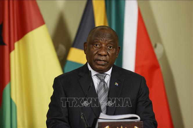 Trong ảnh (tư liệu): Tổng thống Nam Phi Cyril Ramaphosa phát biểu tại cuộc họp báo ở Pretoria. Ảnh: AFP/ TTXVN