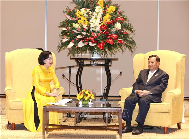 President of the Cambodian Senate Samdech Say Chhum talks to President of the Vietnam-Cambodia Friendship Association Nguyen Thi Thanh. VNA Photo: Phương Hoa 