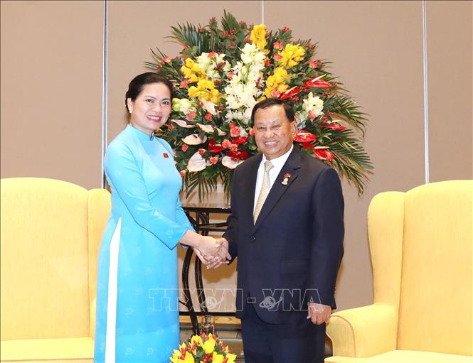 President of the Cambodian Senate Samdech Say Chhum meets with President of the Vietnam Women’s Union (VWU) Ha Thi Nga. VNA Photo: Phương Hoa 