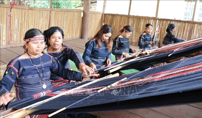 Trong ảnh: Dự án “Bảo tồn và phát triển dệt thổ cẩm Bahnar ở xã Kông Lơng Khơng” (huyện K'bang, Gia Lai)  thu hút nhiều phụ nữ trong khu vực tham gia. Ảnh: Hồng Điệp - TTXVN