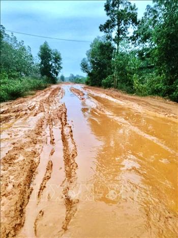 Tuyến đường liên huyện đoạn Trảng Rộng (xã Hải Thái, huyện Gio Linh) ngập bùn đất khiến người dân đi lại rất khó khăn. Ảnh: Nguyên Linh-TTXVN
