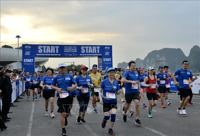 Các VĐV hào hứng tham gia Giải Marathon Quốc tế Di sản Vịnh Hạ Long sáng 13/11. Ảnh: Thanh Vân-TTXVN