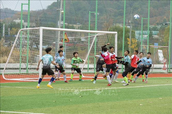 Trong ảnh: Pha tranh bóng của các cầu thủ đội Gwangju FC (áo đỏ). Ảnh: Anh Nguyên - PV TTXVN tại Hàn Quốc