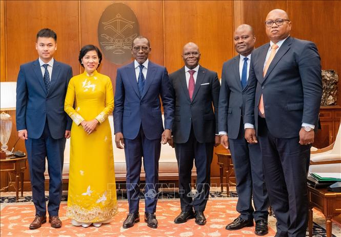 Vietnamese Ambassador to Morocco and Benin Dang Thi Thu Ha pose for a group photo with Benin’s President Patrice Talon and delegates. VNA Photo