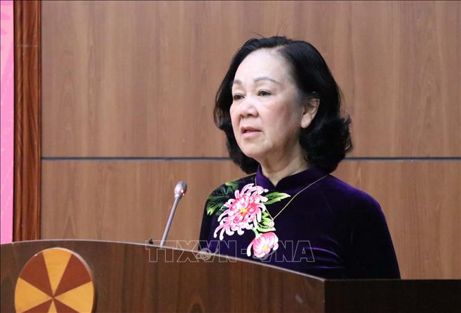 Trưởng ban Tổ chức Trung ương Trương Thị Mai phát biểu tại Hội nghị công bố quyết định của Bộ Chính trị về việc điều động, bổ nhiệm cán bộ. Ảnh: Xuân Tiến - TTXVN 