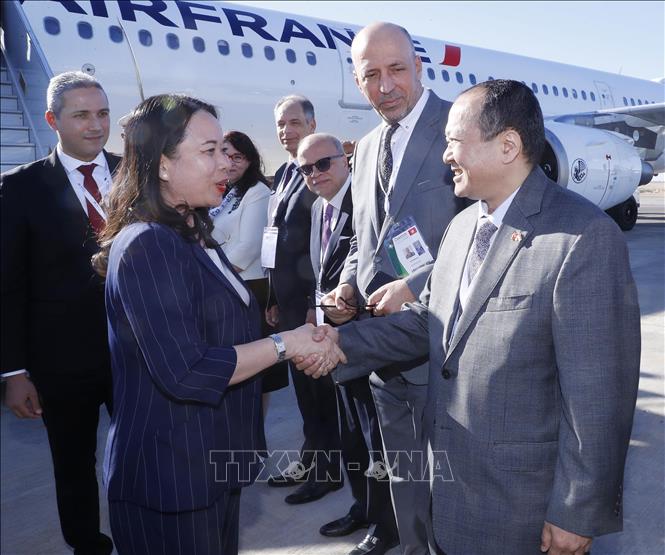 Vice President Vo Thi Anh Xuan is welcomed at the Djerba International Airport. VNA Photo: Lâm Khánh