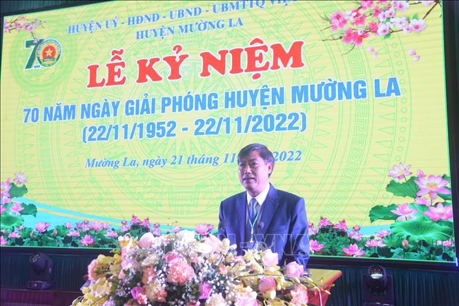 Trong ảnh: Bí thư Tỉnh ủy Sơn La Nguyễn Hữu Đông phát biểu tại lễ kỷ niệm. Ảnh: Quang Quyết-TTXVN