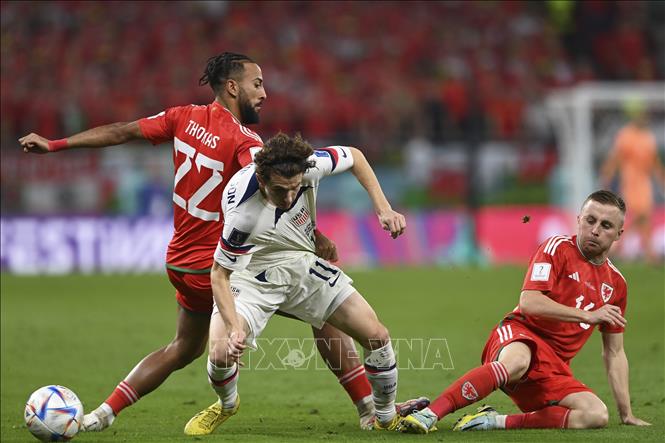 Trong ảnh: Brenden Aaronson (giữa) của tuyển Mỹ trong pha tranh bóng với cầu thủ Xứ Wales Sorba Thomas (trái). Ảnh: THX/TTXVN