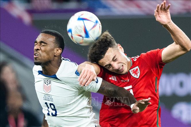 Trong ảnh: Haji Wright (trái) của tuyển Mỹ trong pha tranh bóng bổng với cầu thủ Xứ Wales Ethan Ampadu. Ảnh: THX/TTXVN
