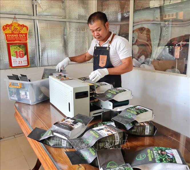 Trong ảnh: Anh Nguyễn Văn Hân dần khẳng định thương hiệu Nguyễn Hân Coffee Farm nhờ áp dụng các quy trình sản xuất cà phê rất nghiêm ngặt. Ảnh: Hồng Điệp - TTXVN
