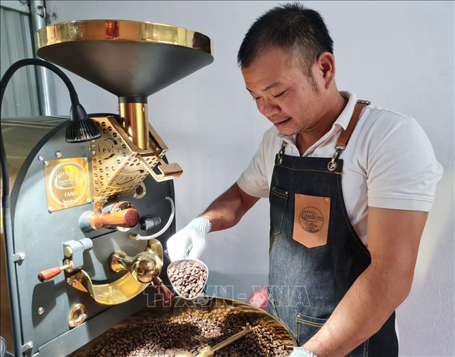 Trong ảnh: Anh Nguyễn Văn Hân dần khẳng định thương hiệu Nguyễn Hân Coffee Farm nhờ áp dụng các quy trình sản xuất cà phê rất nghiêm ngặt. Ảnh: Hồng Điệp - TTXVN