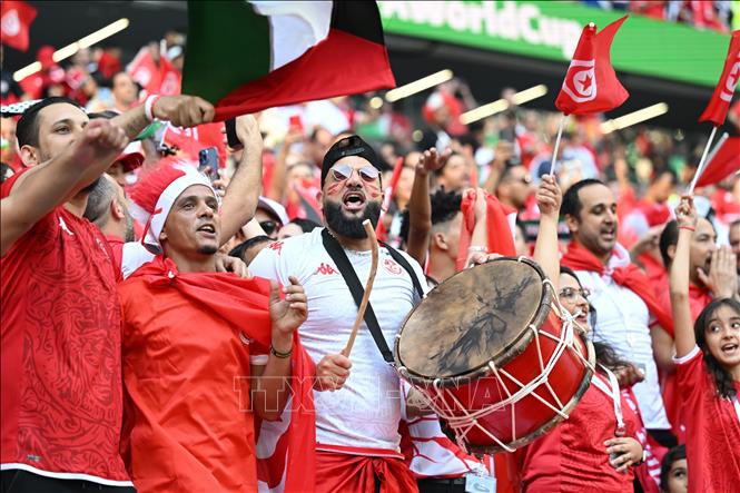 Trong ảnh: Cổ động viên trong trận đấu giữa Đan Mạch và Tunisia tại bảng D World Cup 2022. Ảnh: AFP/ TTXVN