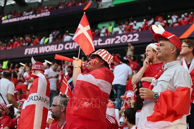 Trong ảnh: Cổ động viên trong trận đấu giữa Đan Mạch và Tunisia tại bảng D World Cup 2022. Ảnh: AFP/ TTXVN