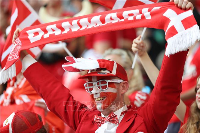 Trong ảnh: Cổ động viên Đan Mạch cổ vũ đội nhà trong trận gặp Tunisia tại bảng D World Cup 2022. Ảnh: THX/ TTXVN