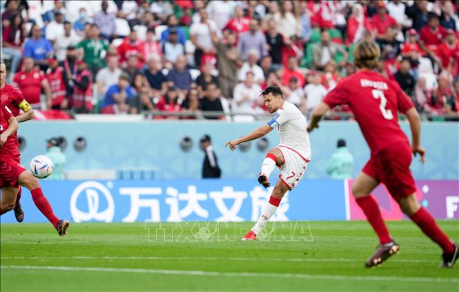 Trong ảnh: Pha sút bóng của cầu thủ Tunisia Youssef Msakni (thứ 2, phải) trong trận đấu. Ảnh: THX/ TTXVN