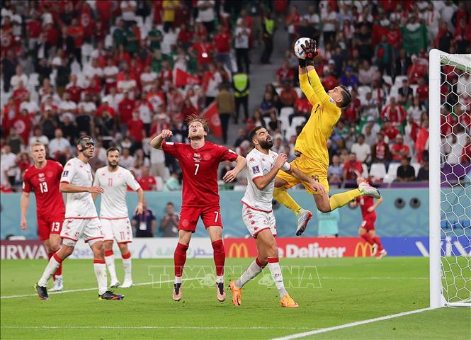 Trong ảnh: Pha cứu thua của thủ thành Tunisia Aymen Dahmen (phía trên) trong trận đấu. Ảnh: THX/ TTXVN