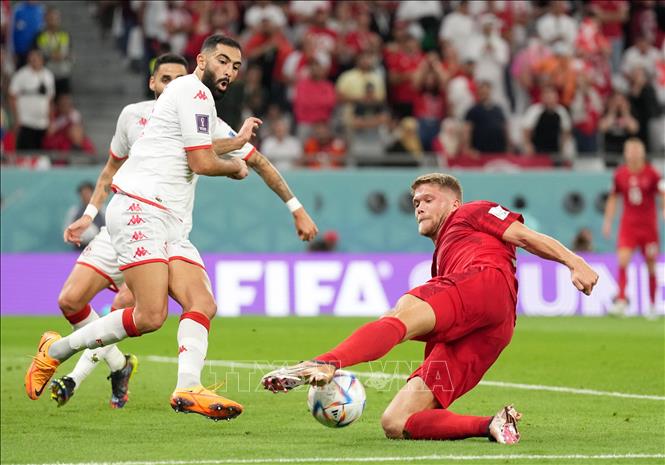 Trong ảnh: Pha tranh bóng giữa cầu thủ Đan Mạch Andreas Cornelius (phải) và Yassine Meriah của Tunisia trong trận đấu. Ảnh: THX/ TTXVN