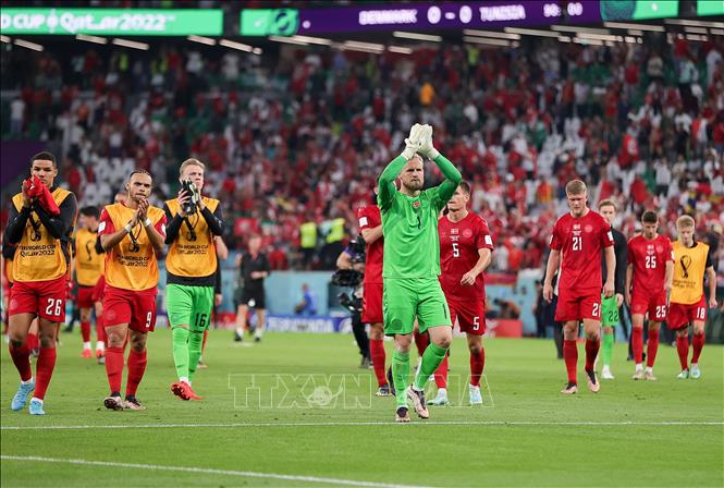 Trong ảnh: Các cầu thủ Đan Mạch sau trận gặp Tunisia tại bảng D World Cup 2022. Ảnh: THX/ TTXVN