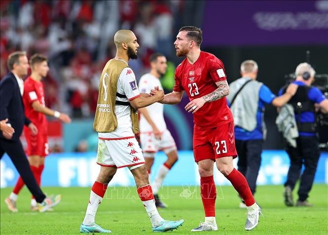 Trong ảnh: Các cầu thủ Tunisia và Đan Mạch sau cuộc so tài tại bảng D World Cup 2022. Ảnh: THX/ TTXVN