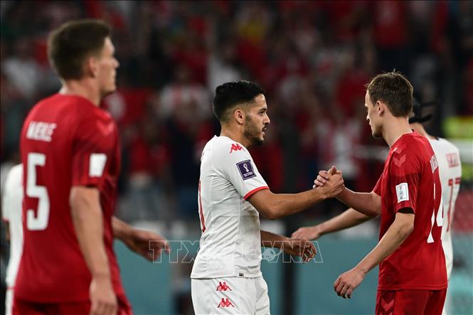 Trong ảnh: Các cầu thủ Tunisia và Đan Mạch sau cuộc so tài tại bảng D World Cup 2022. Ảnh: AFP/ TTXVN