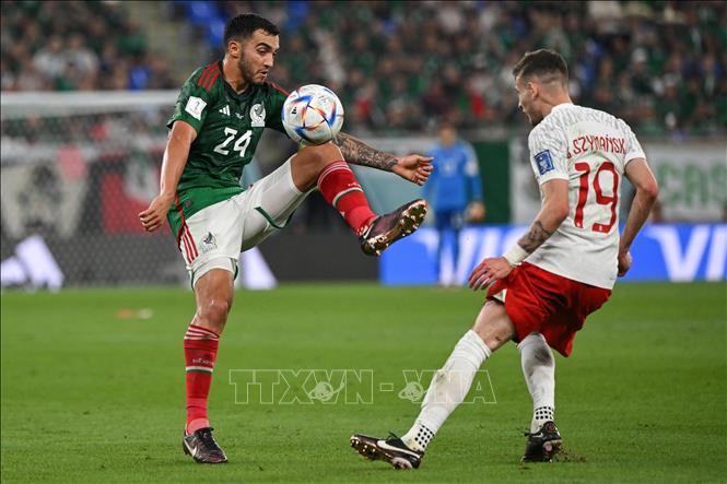 Trong ảnh: Pha tranh bóng giữa trung vệ Mexico Luis Chavez (trái) và đối thủ Ba Lan Sebastian Szymanski. Ảnh: AFP/TTXVN