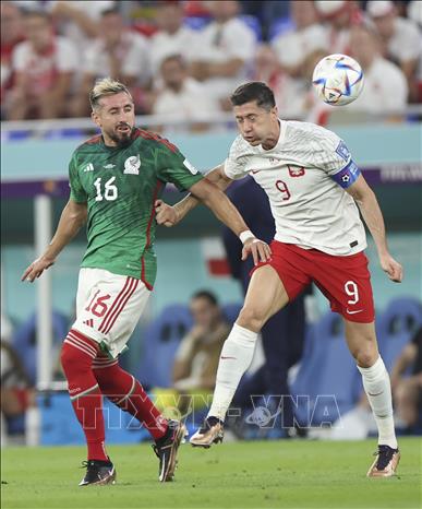 Trong ảnh: Pha tranh bóng bổng giữa tiền vệ Mexico Hector Herrera (trái) với tiền đạo Ba Lan Robert Lewandowski. Ảnh: THX/TTXVN