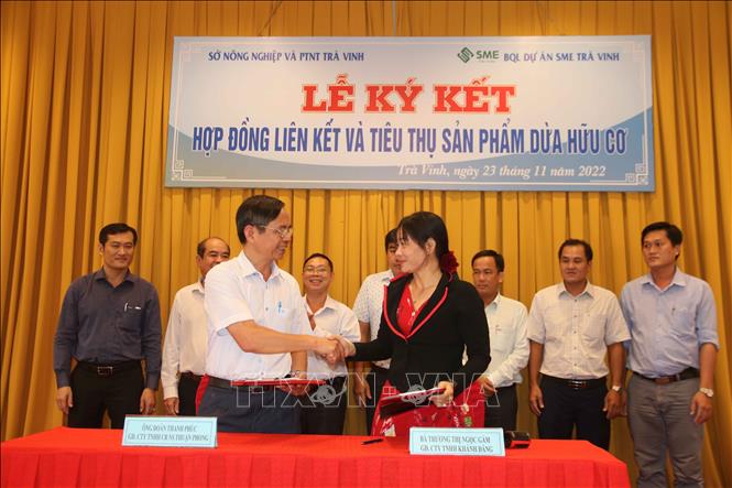 Trong ảnh: Ký kết thu mua sản phẩm giữa Công ty TNHH Chế biến Nông sản Thuận Phong và Công ty TNHH Khánh Đăng. Ảnh: Phúc Sơn – TTXVN.