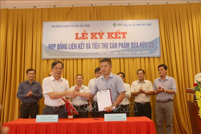 Trong ảnh: Ký kết thu mua sản phẩm giữa Công ty TNHH Chế biến Nông sản Thuận Phong và Hợp tác xã Nông nghiệp Xuân Thành. Ảnh: Phúc Sơn – TTXVN.