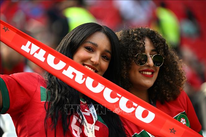 Trong ảnh: Cổ động viên đội tuyển Maroc cổ vũ trong trận đấu với đội tuyển Croatia. Ảnh: AFP/TTXVN