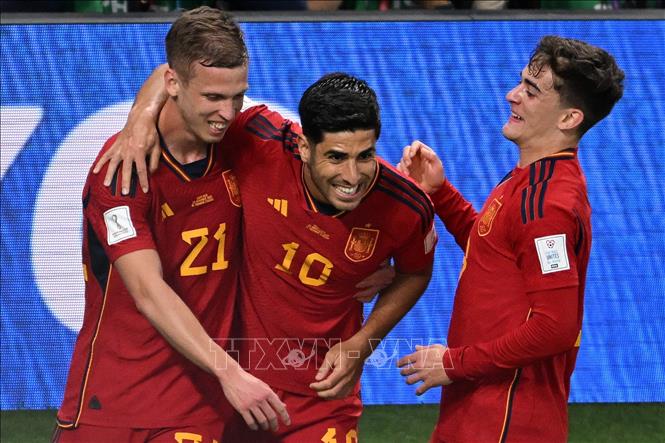 Các cầu thủ Tây Ban Nha ăn mừng bàn thắng vào lưới đội tuyển Costra Rica. Ảnh: AFP/TTXVN