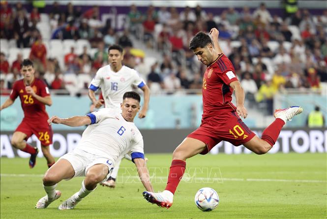 Trong ảnh: Cầu thủ Marco Asensio (phải) của Tây Ban Nha sút bóng trong trận đấu. Ảnh: THX/TTXVN